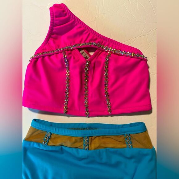 Custom made solo dance costume hot pink neon rhinestone 2 piece set child 10 - Picture 5 of 13